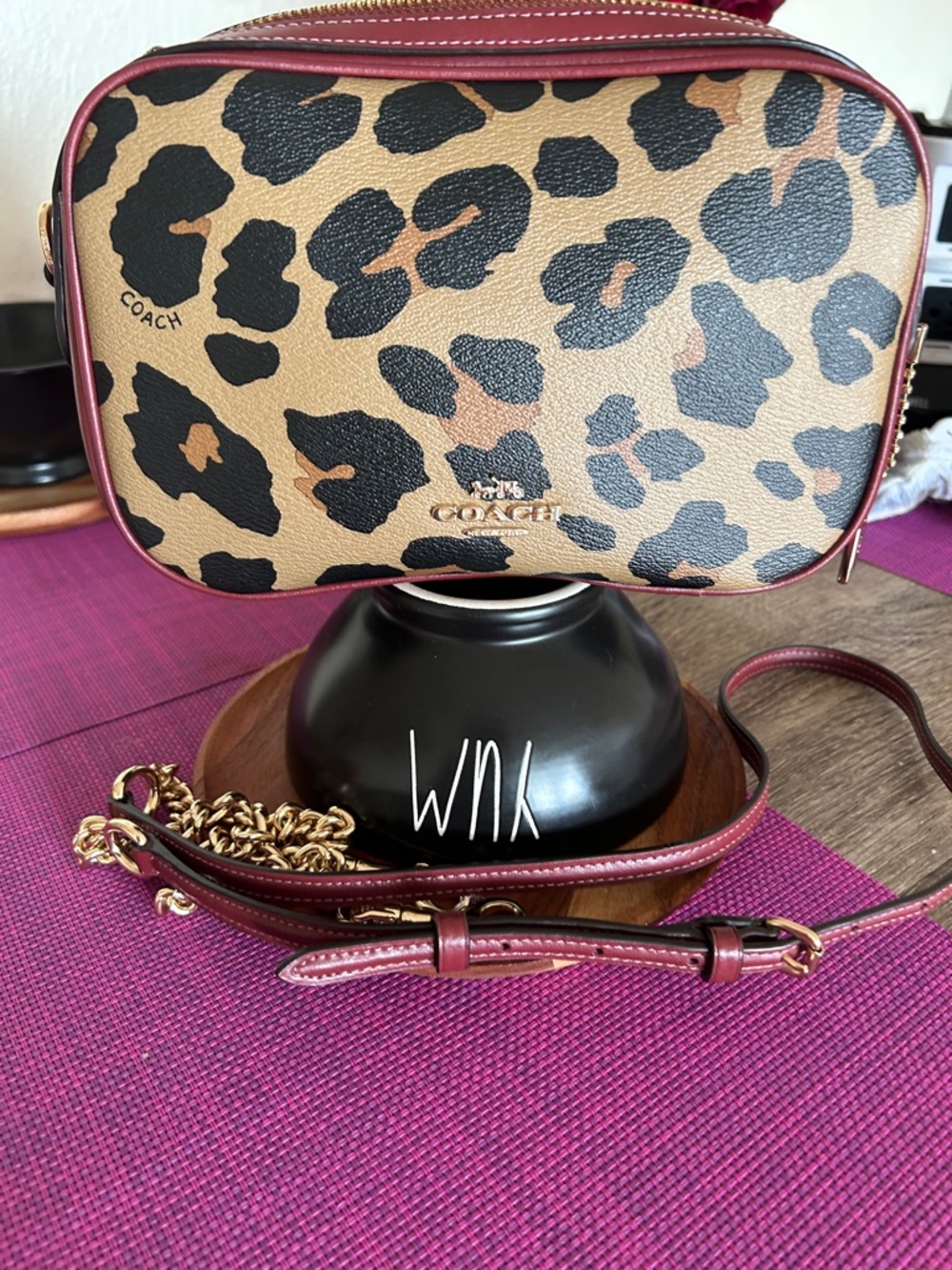 Coach Leopard Print Crossbody Bag in Tan, Black and Burgundy